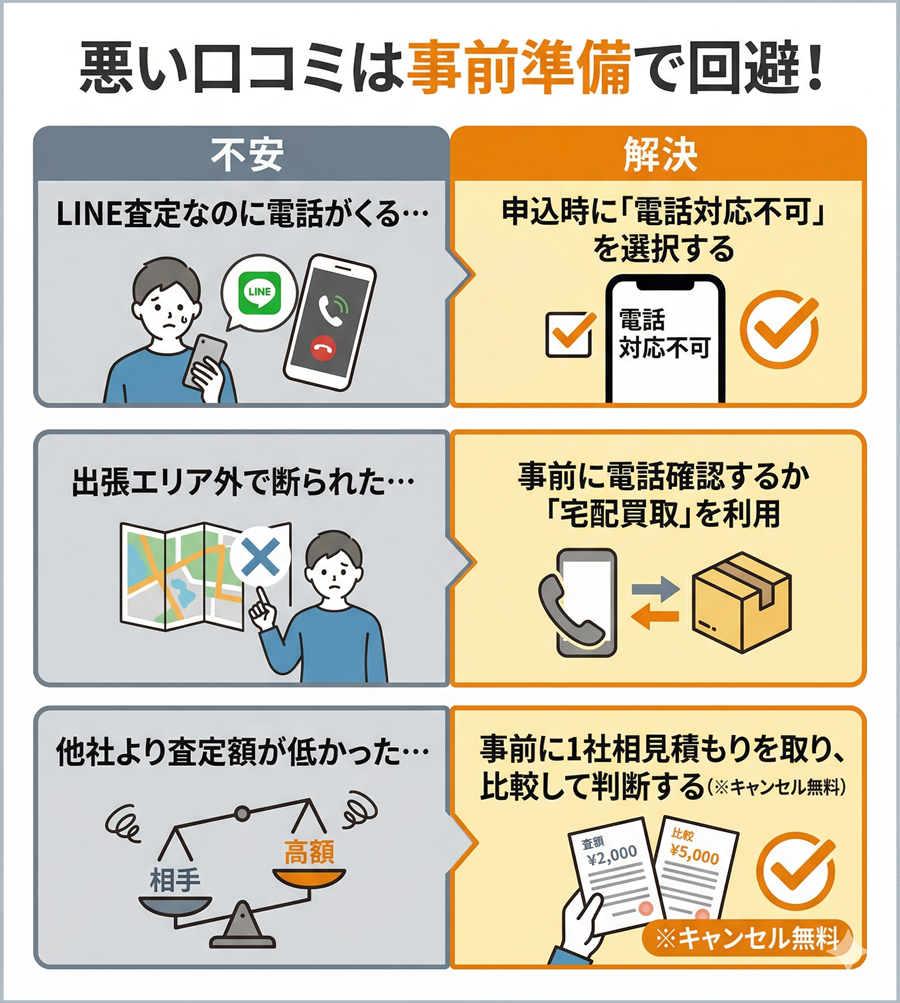 日晃堂の悪い口コミと回避策。LINE査定の電話対策、エリア外の対応、査定額が低い場合の相見積もりの重要性を図解