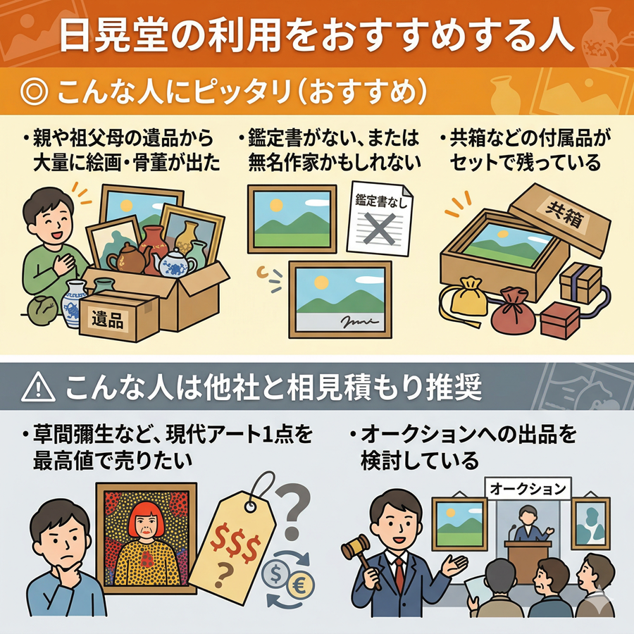 日晃堂の絵画買取が向く人と向かない人の比較。遺品整理や鑑定書なしのまとめ売りに向いている一方、現代アート1点売りは相見積もりがおすすめな理由